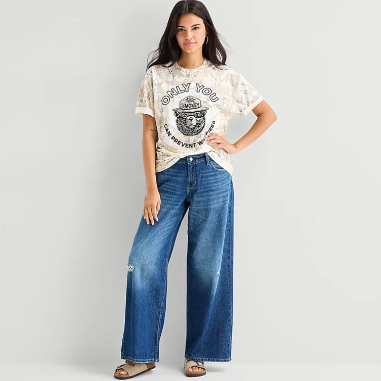 Camo Smokey Bear Oversized Tee Womens Juniors Crew Neck Short Sleeve Oversized Graphic T-Shirt