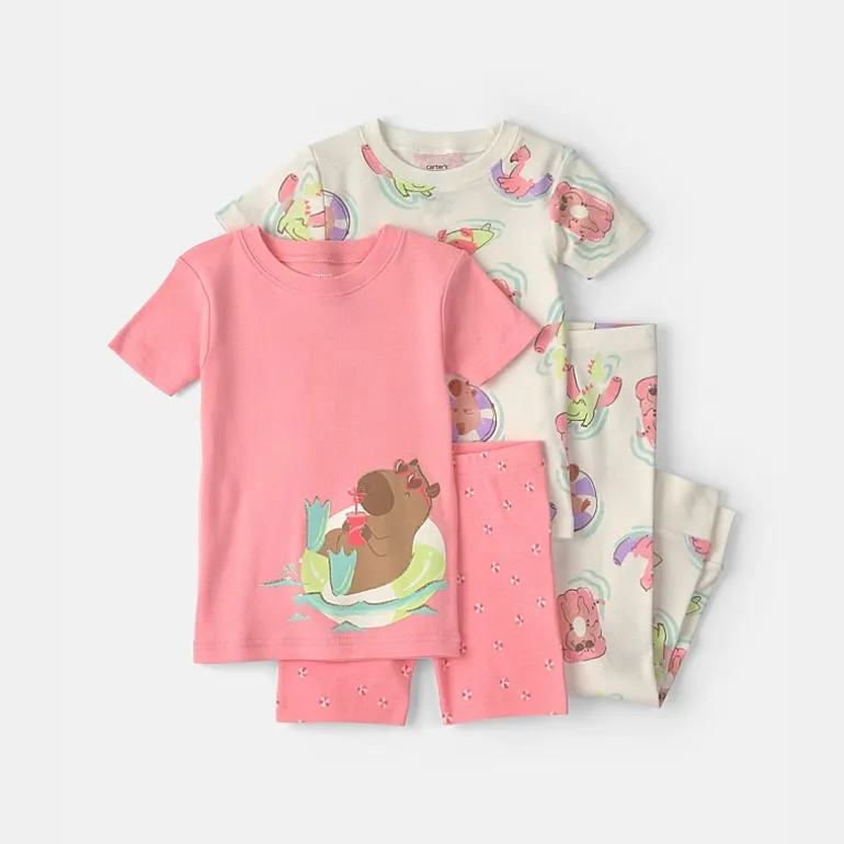 Carter's Toddler Girls Rib Crew Neck Short Sleeve 4-pc. Pajama Set