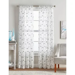 CHF Botanical Embroidery Rod Pocket Embroidered Sheer Set of 2 Curtain Panel