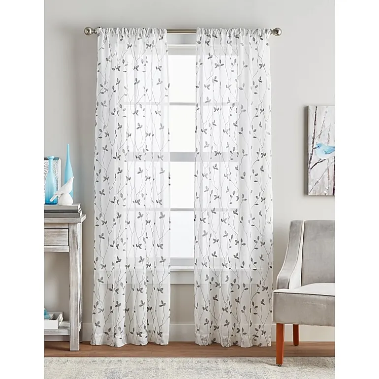 CHF Botanical Embroidery Rod Pocket Embroidered Sheer Set of 2 Curtain Panel
