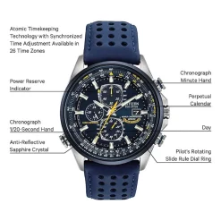 Citizen World Chronograph A-T Mens Chronograph Multi-Function Atomic Time Blue Leather Strap Watch At8020-03l