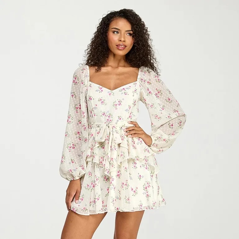 City Triangle Womens Juniors V Neck Long Sleeve Balloon Floral Fit + Flare Dress