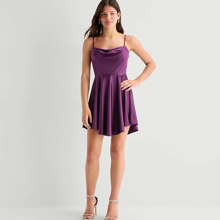 City Triangle Womens Juniors Draped Neck Sleeveless Lined Fit + Flare Dress