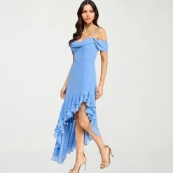 City Triangle Womens Juniors High-Low Sleeveless Off the Shoulder Fit + Flare Dress