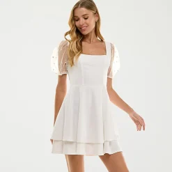 City Triangle Womens Juniors Square Neck Short Sleeve Puffed Pearl Trim Fit + Flare Dress