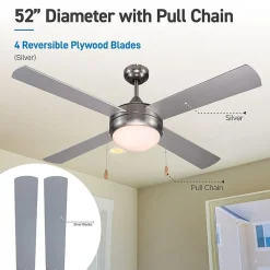 Commercial Cool 52” Modern Ceiling Fan With Lights Cools Up To 350 Sq Ft Featuring 3 Air Flow Speeds With Dual Chain