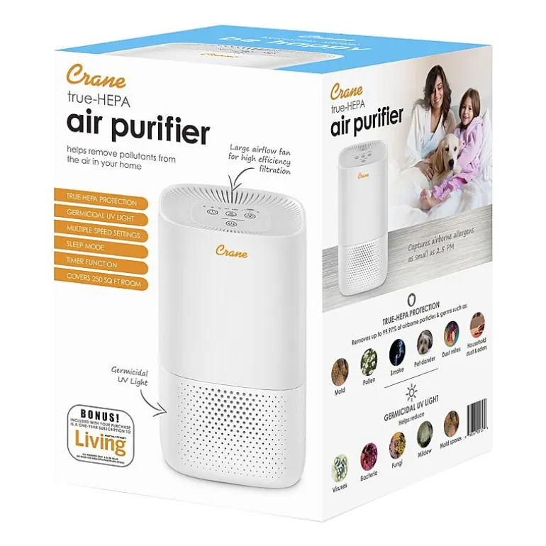 Crane True HEPA Air Purifier With Germicidal UV Light, 250 Sq Ft. Coverage, Standard