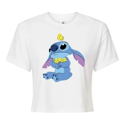 Cropped Womens Juniors Crew Neck Short Sleeve Boxy Fit Lilo & Stitch Graphic T-Shirt