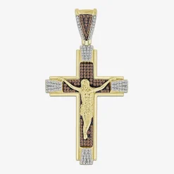 Crucifix (Brown / I3) Mens 1/2 CT. T.W. Natural Champagne Diamond 10K Gold Cross Pendant