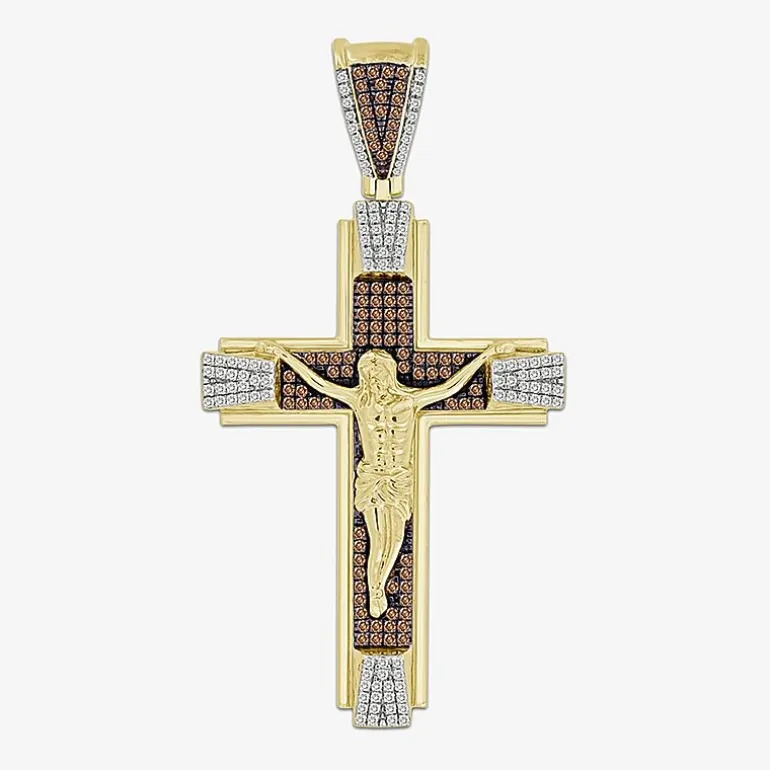 Crucifix (Brown / I3) Mens 1/2 CT. T.W. Natural Champagne Diamond 10K Gold Cross Pendant