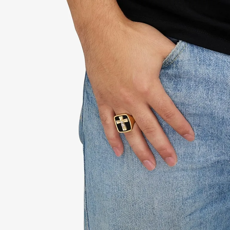 Crucifix Mens Genuine Black Onyx 10K Gold Cross Signet Ring