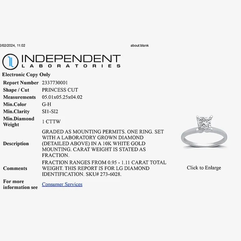 1 CT. Lab-Grown (G-H / SI1-SI2) Diamond Princess-cut Solitaire Engagement Ring in 10K Gold