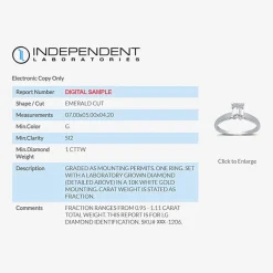 1 CT. Lab-Grown (G / SI2) Diamond Emerald-Cut Solitaire Engagement Ring in 10K or 14K Gold