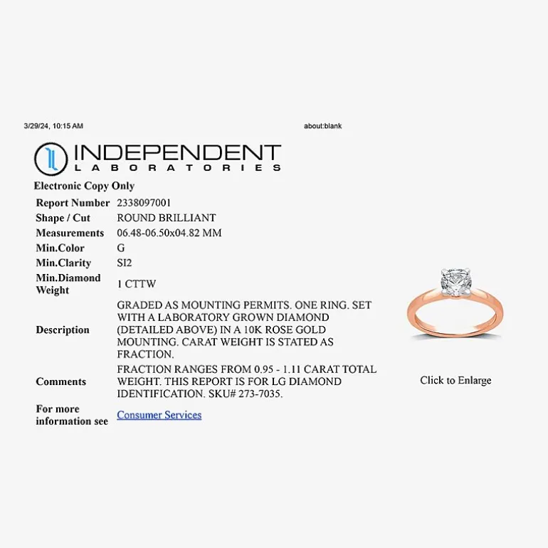 1 CT. Lab-Grown (G / SI2) Diamond Round Solitaire Engagement Ring in 10K Gold