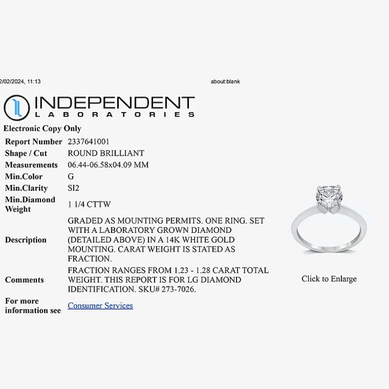 1 1/4 CT. Lab-Grown (G / SI2) Diamond Round Solitaire Engagement Ring In 14k Gold