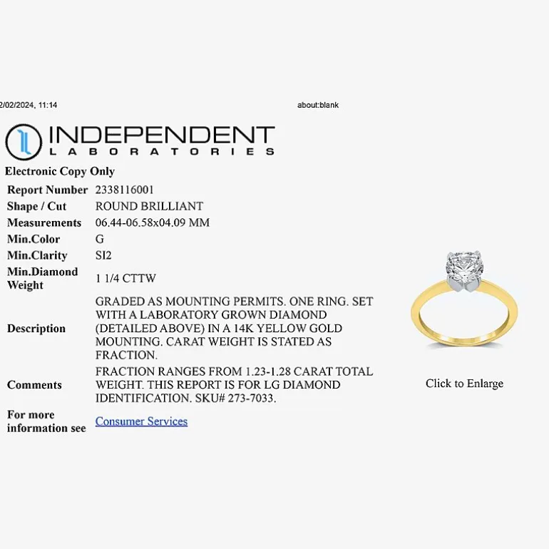 1 1/4 CT. Lab-Grown (G / SI2) Diamond Round Solitaire Engagement Ring In 14k Gold