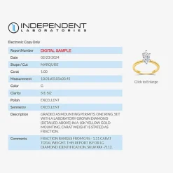 1 CT. Lab-Grown (G / SI1-SI2) Diamond Marquise-cut Solitaire Engagement Ring in 10K or 14K Gold