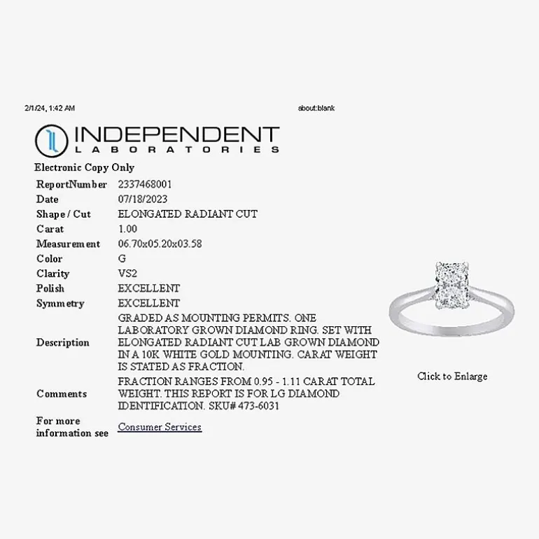 1 CT. Lab-Grown (G / VS2) Diamond Radiant-cut Solitaire Engagement Ring in 10K Gold