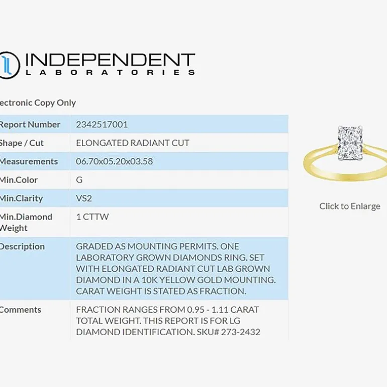 1 CT. Lab-Grown (G / VS2) Diamond Radiant-cut Solitaire Engagement Ring in 10K Gold