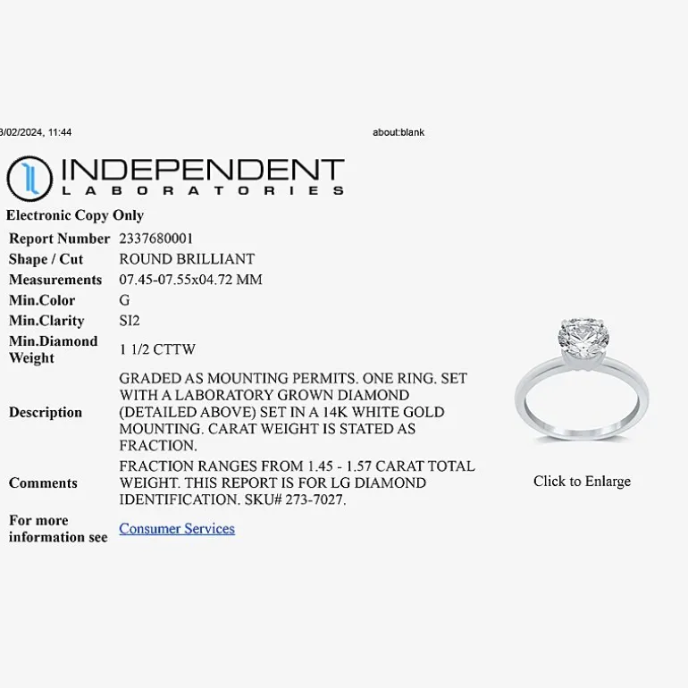 1 1/2 CT..Round Lab-Grown (G / Si2) Diamond Solitaire Engagement Ring in 14K Gold