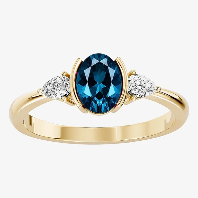 1/5 CT. T.W. Lab-Grownd Diamond and Genuine Gemstone 10K Gold Oval 3-Stone Cocktail Ring