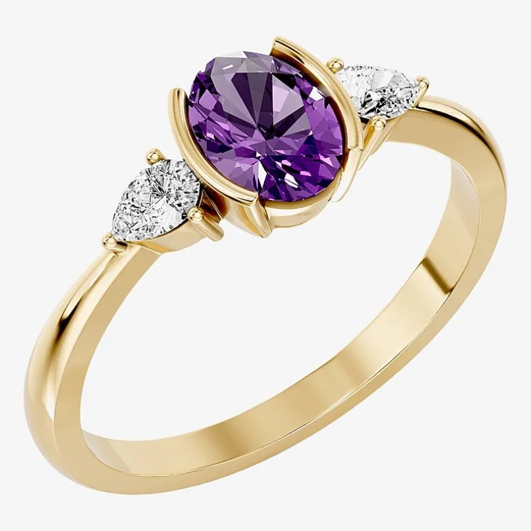 1/5 CT. T.W. Lab-Grownd Diamond and Genuine Gemstone 10K Gold Oval 3-Stone Cocktail Ring