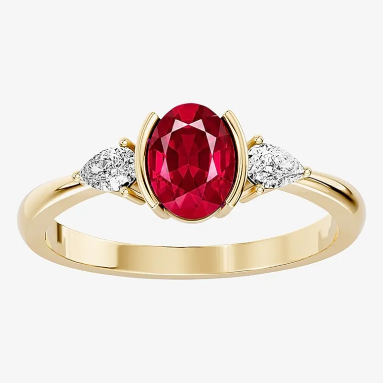 1/5 CT. T.W. Lab-Grownd Diamond and Genuine Gemstone 10K Gold Oval 3-Stone Cocktail Ring