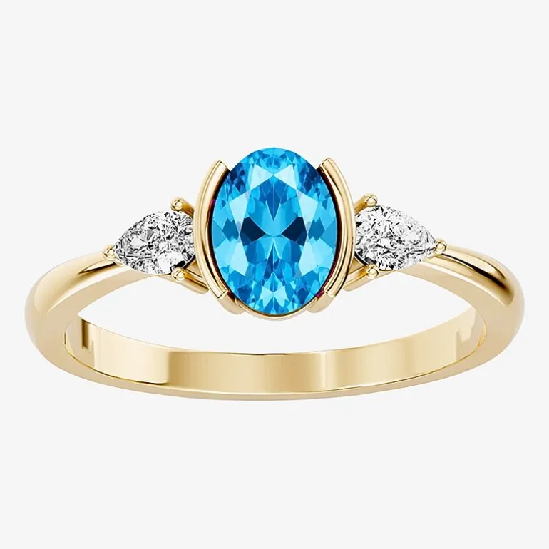 1/5 CT. T.W. Lab-Grownd Diamond and Genuine Gemstone 10K Gold Oval 3-Stone Cocktail Ring