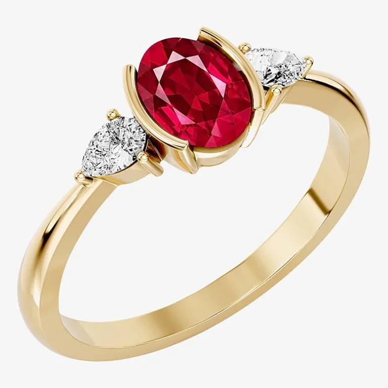 1/5 CT. T.W. Lab-Grownd Diamond and Genuine Gemstone 10K Gold Oval 3-Stone Cocktail Ring