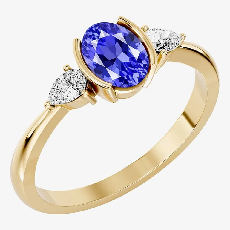 1/5 CT. T.W. Lab-Grownd Diamond and Genuine Gemstone 10K Gold Oval 3-Stone Cocktail Ring