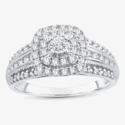 1/2 CT.T.W. Natural Diamond Cushion Shape Side Stone Halo Engagement Ring in 10K or 14K White Gold