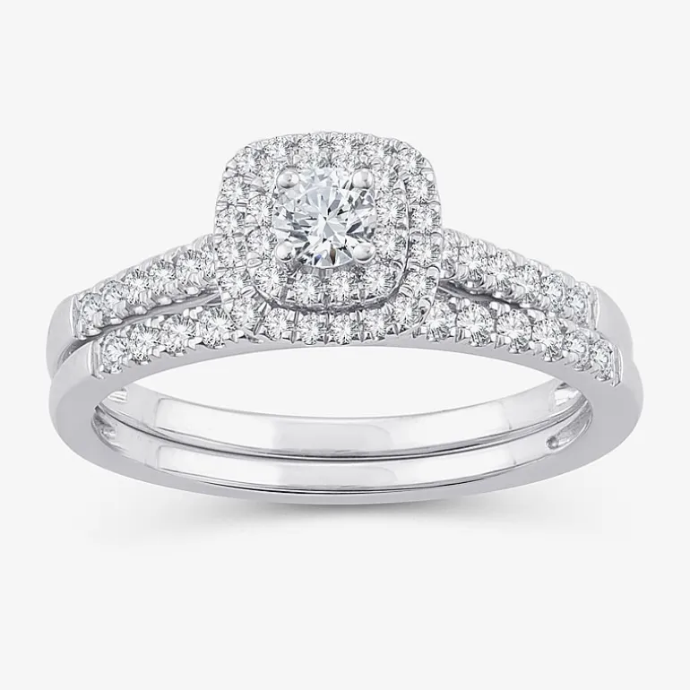 1/2 CT.T.W. Natural Diamond Halo Bridal Set 10K or 14K White Gold