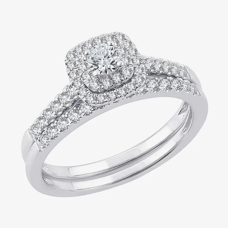 1/2 CT.T.W. Natural Diamond Halo Bridal Set 10K or 14K White Gold