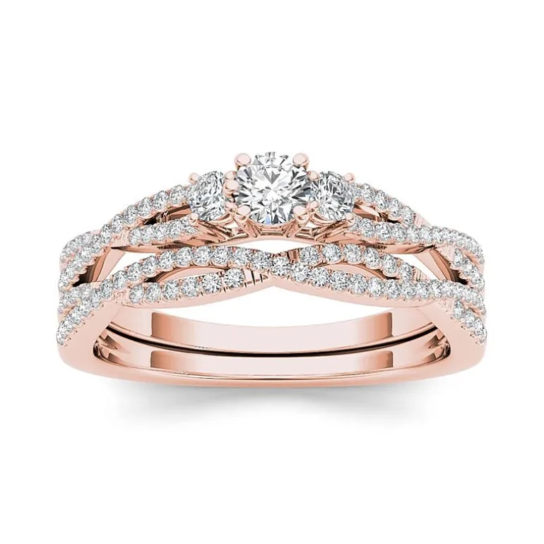 1/2 CT.T.W. Natural Diamond 14K Rose Gold Crossover Bridal Ring Set