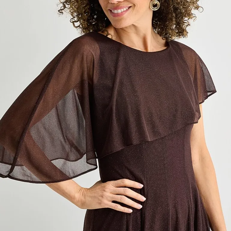 Danny & Nicole Womens Midi Round Neck Short Sleeve Cape Cape Fit + Flare Dress