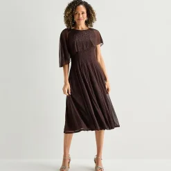 Danny & Nicole Womens Midi Round Neck Short Sleeve Cape Cape Fit + Flare Dress