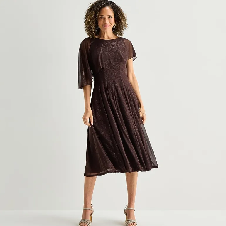 Danny & Nicole Womens Midi Round Neck Short Sleeve Cape Cape Fit + Flare Dress