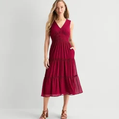 Danny & Nicole Womens Midi V Neck Sleeveless Fit + Flare Dress
