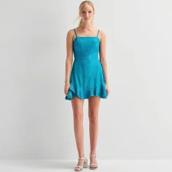 Dear Moon Womens Juniors Straight Neck Sleeveless Spaghetti Straps Fit + Flare Dress