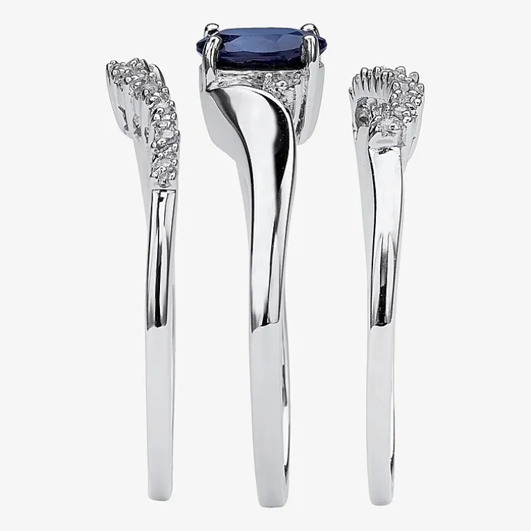 DiamonArt® Womens 1 1/10 CT. T.W. Genuine Blue Sapphire Platinum Over Silver Oval Bridal Set