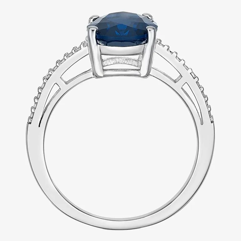 Diamond Accent and Gemstone Sterling Silver Oval Side Stone Cocktail Ring