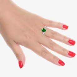 Diamond Accent and Gemstone Sterling Silver Oval Side Stone Cocktail Ring