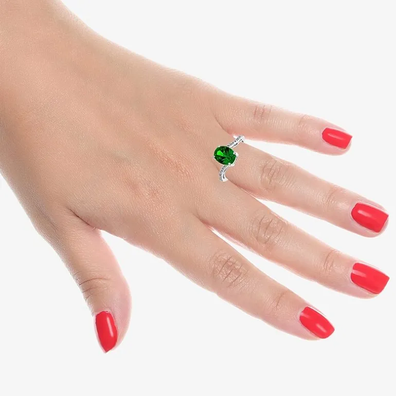 Diamond Accent and Gemstone Sterling Silver Oval Side Stone Cocktail Ring