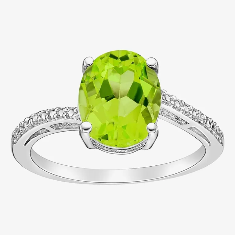 Diamond Accent and Gemstone Sterling Silver Oval Side Stone Cocktail Ring