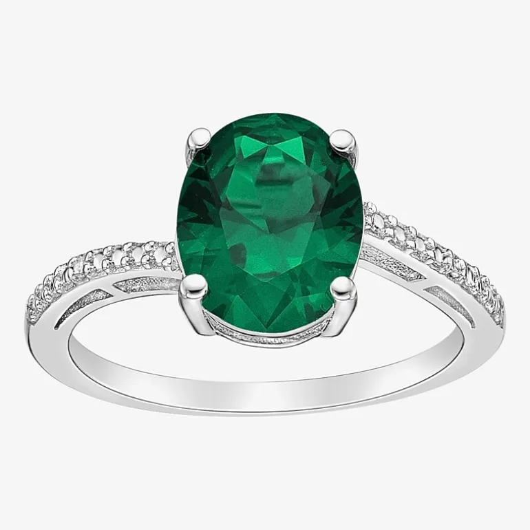 Diamond Accent and Gemstone Sterling Silver Oval Side Stone Cocktail Ring