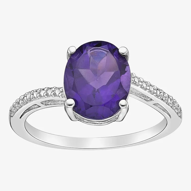 Diamond Accent and Gemstone Sterling Silver Oval Side Stone Cocktail Ring