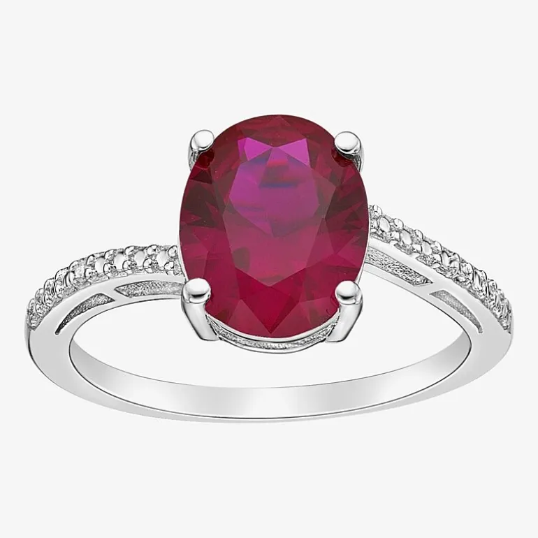 Diamond Accent and Gemstone Sterling Silver Oval Side Stone Cocktail Ring