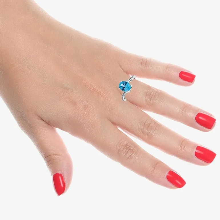 Diamond Accent and Gemstone Sterling Silver Oval Side Stone Cocktail Ring