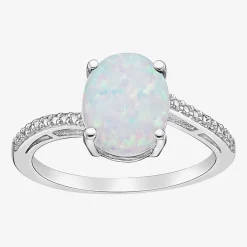 Diamond Accent and Gemstone Sterling Silver Oval Side Stone Cocktail Ring