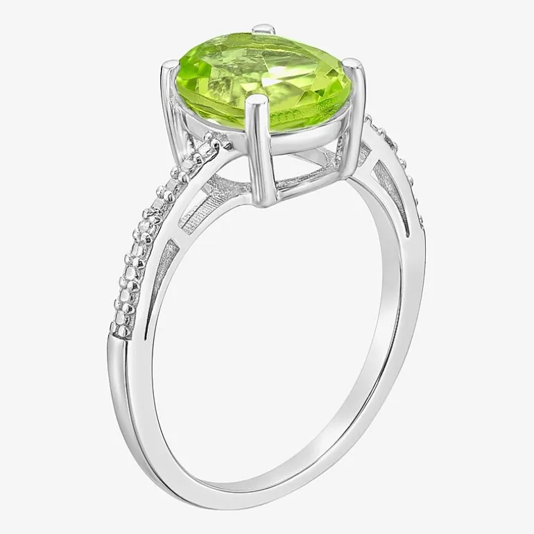 Diamond Accent and Gemstone Sterling Silver Oval Side Stone Cocktail Ring